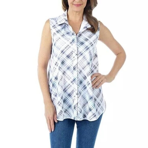Lysse June Button Down Sleeveless Shirt XS Small Blouse Multi Plaid 20-1832-M3 - Picture 1 of 7